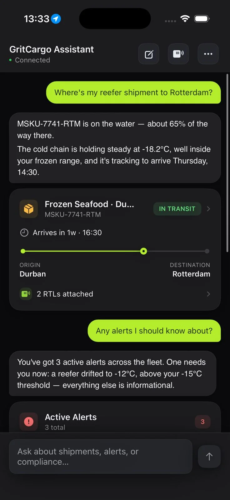 GritCargo Assistant - live shipment chat on mobile