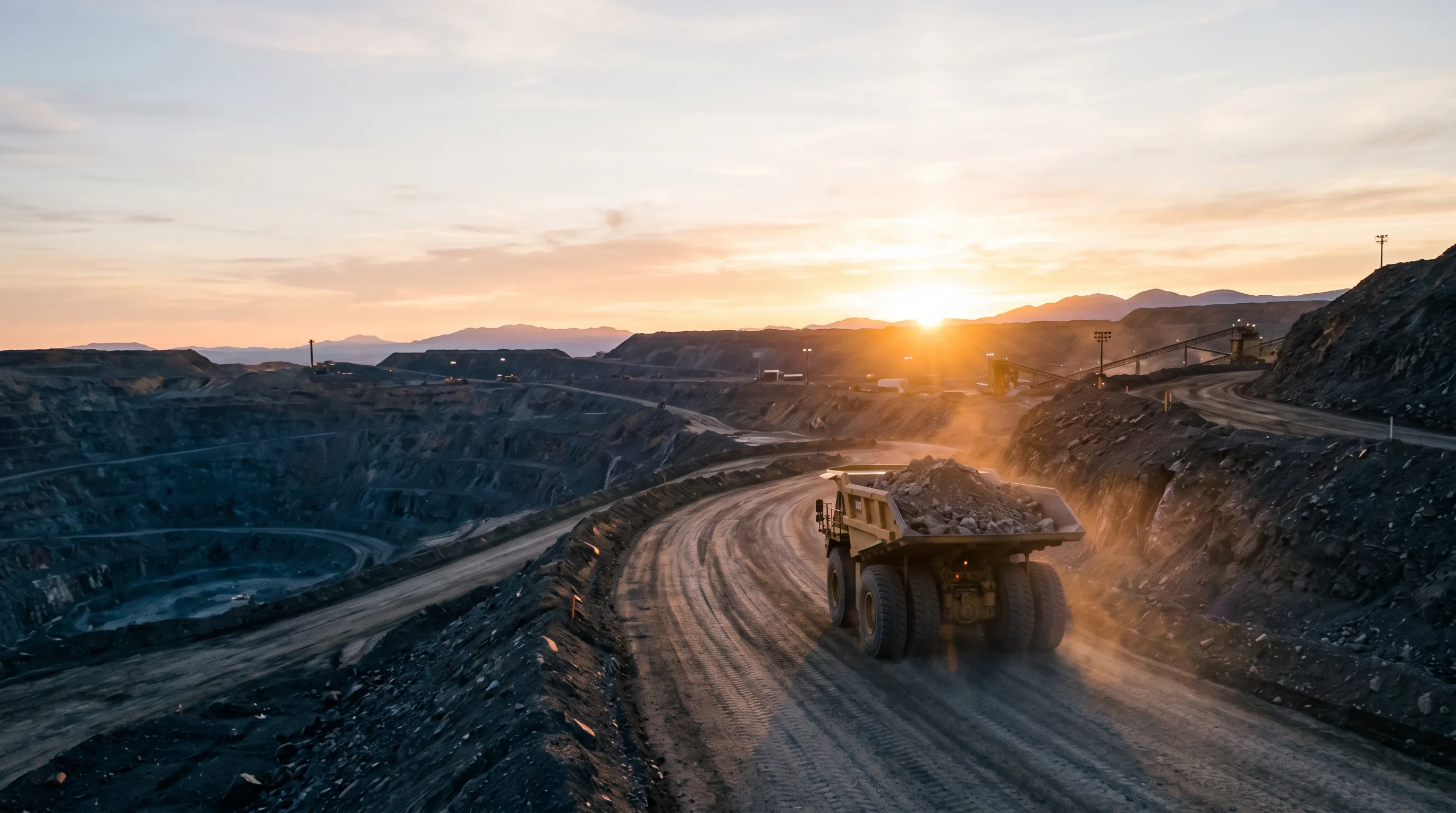 Sunrise over a mine site, loaded haul truck heading to the horizon